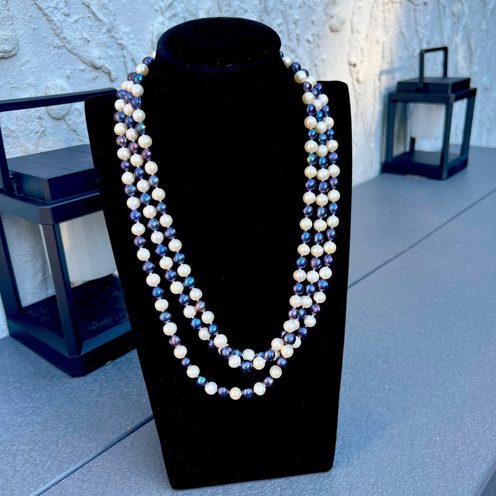 Beautiful Opera Length Strand strand of Blue and White Faux Pearls